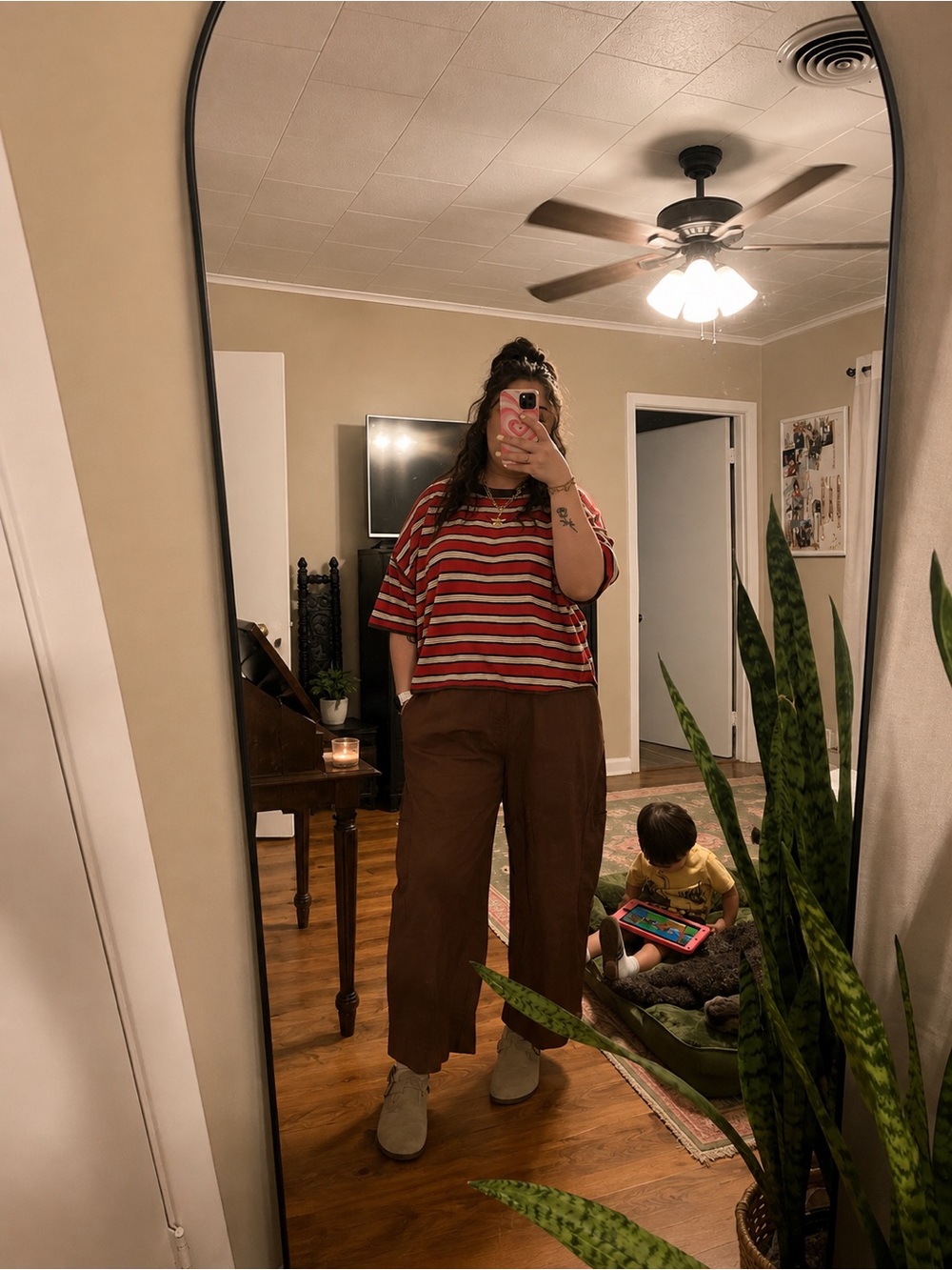 Brown Elastic Waist Barrel Pants